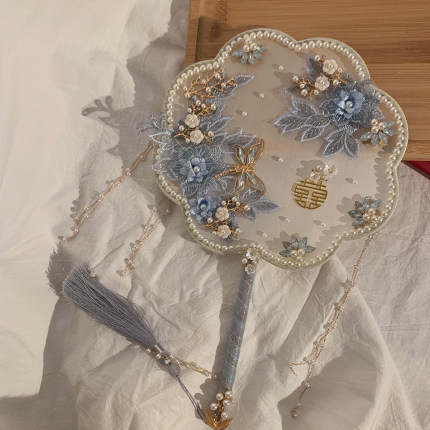 琪崽原创中式婚礼新娘结婚团扇浅蓝色秀禾出嫁双面喜扇diy材料包