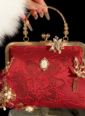 新中式国风复古高级刺绣红色包包女大气新娘结婚包旗袍手提夹子包