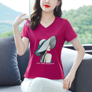 PS41596# 夏季新品时尚V领上衣气质休闲烫钻印花短袖针织T恤女