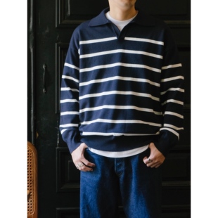 LABSTORE 秋冬翻领套头针织衫毛衣 V领海军蓝条纹 基础款