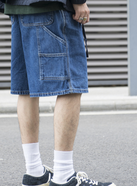 LABSTORE 12oz宽松阔身洗水做旧复古多袋工装牛仔短裤过膝日系男