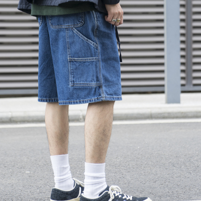 LABSTORE 12oz宽松阔身洗水做旧复古多袋工装牛仔短裤过膝日系男