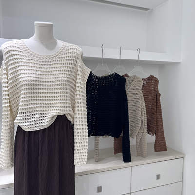 法式短款针织衫女设计感小众秋季宽松慵懒风镂空露肩长袖打底上衣