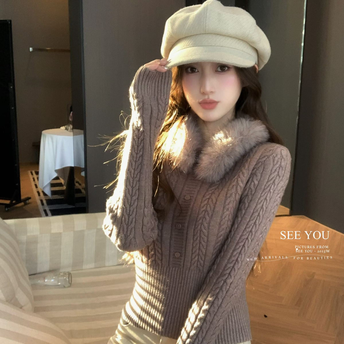 SEE YOU-美女出圈毛毛领显瘦保暖麻花编织针织保暖毛衣C218LC218