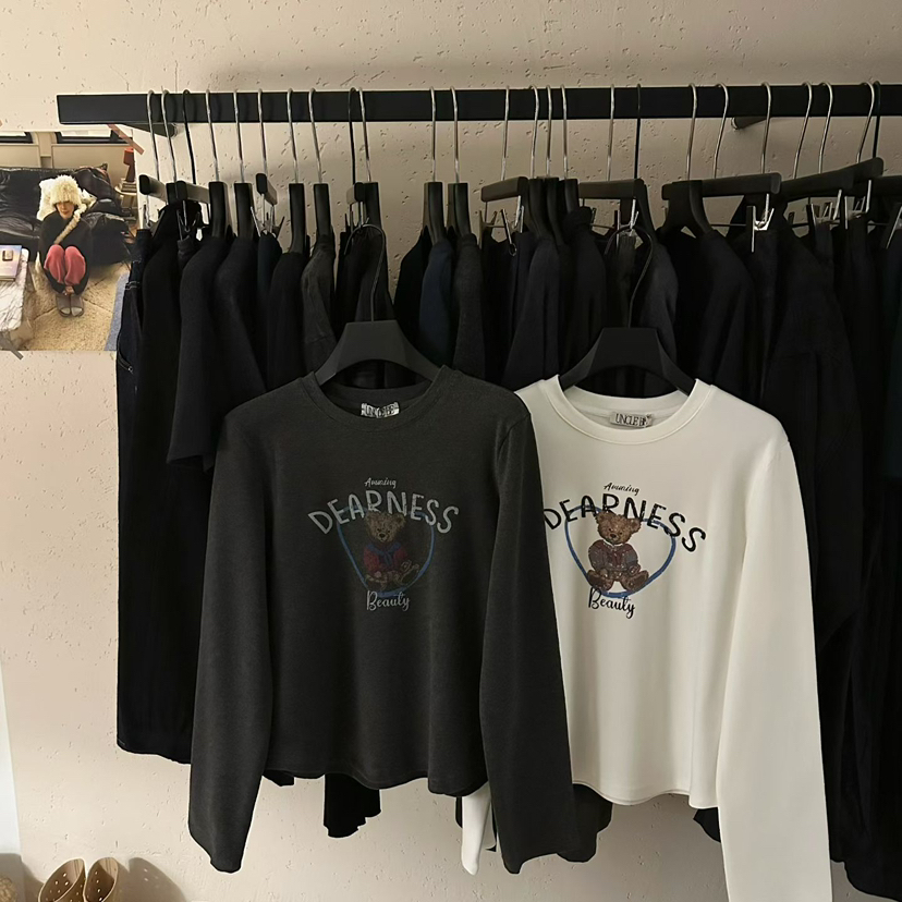 UNCLE BE-冬上新美式复古印花宽松圆领加绒长袖T恤77019