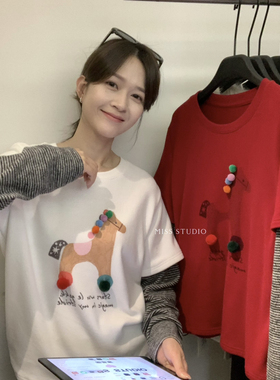 MISS密思家-马～立体装饰小马拼接条纹磨毛加厚假两件长袖T恤8907