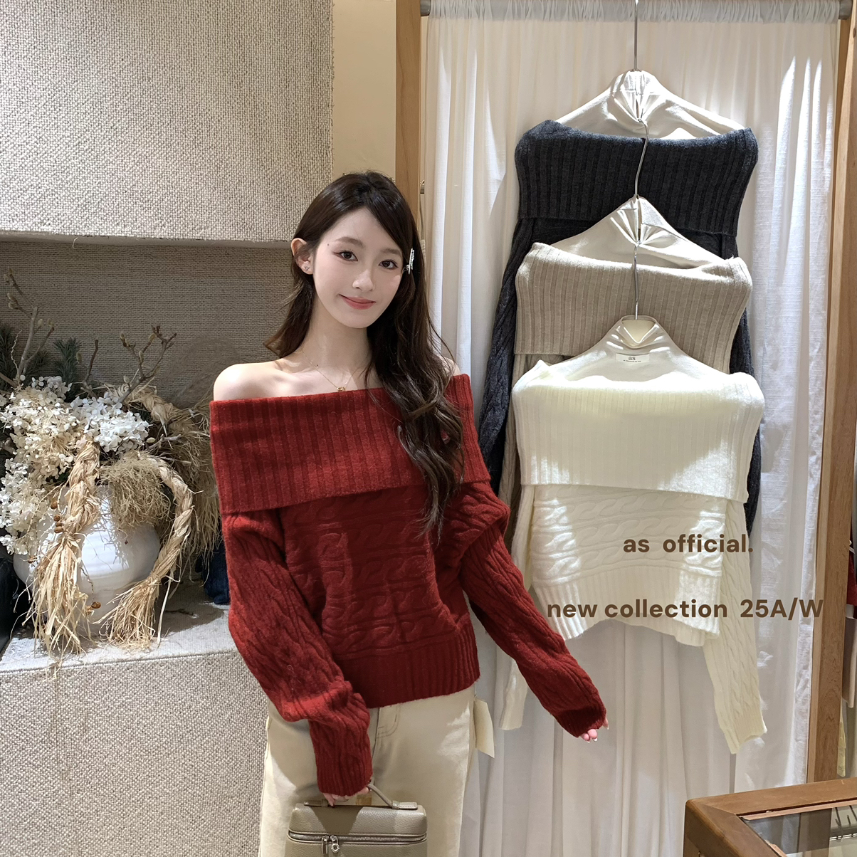 AS OFFICIAL-mix直角肩存在感很强·一字肩麻花保暖毛衣小衫80669