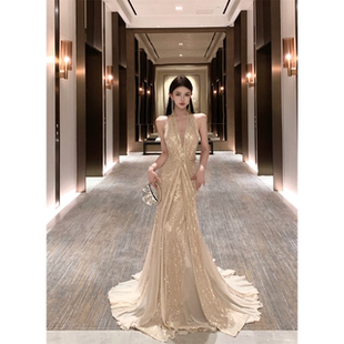 初见Meetist星光人鱼姬2.0高级感细闪亮片挂脖连衣裙party礼服