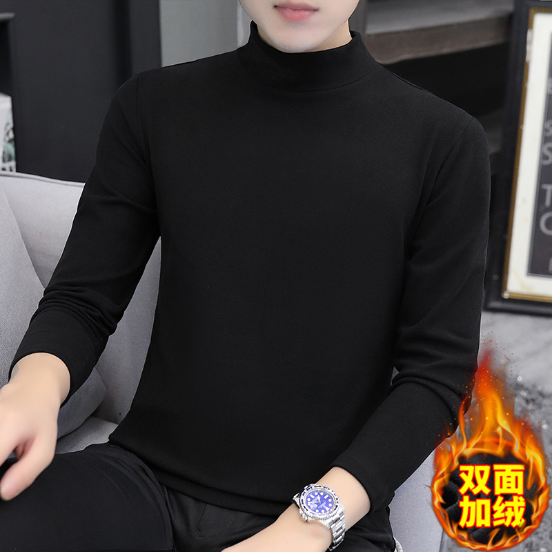 가을 겨울 남성 플러스 벨벳 라운드 넥 바닥 셔츠 양면 벨벳 하프 터틀넥 긴팔 티셔츠 속옷 미드 칼라 따뜻한 내부 가을 코트