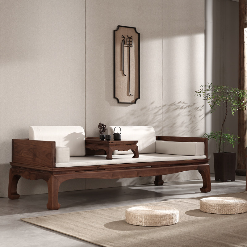 新中式黑胡桃全实木马蹄腿三屏风独板禅意明式榫卯仿古床榻罗汉床