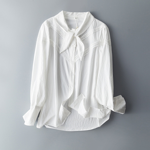 女可爱蝴蝶结上衣长袖纯棉衬衣秋春季通勤白色衬衫全棉大码小个子