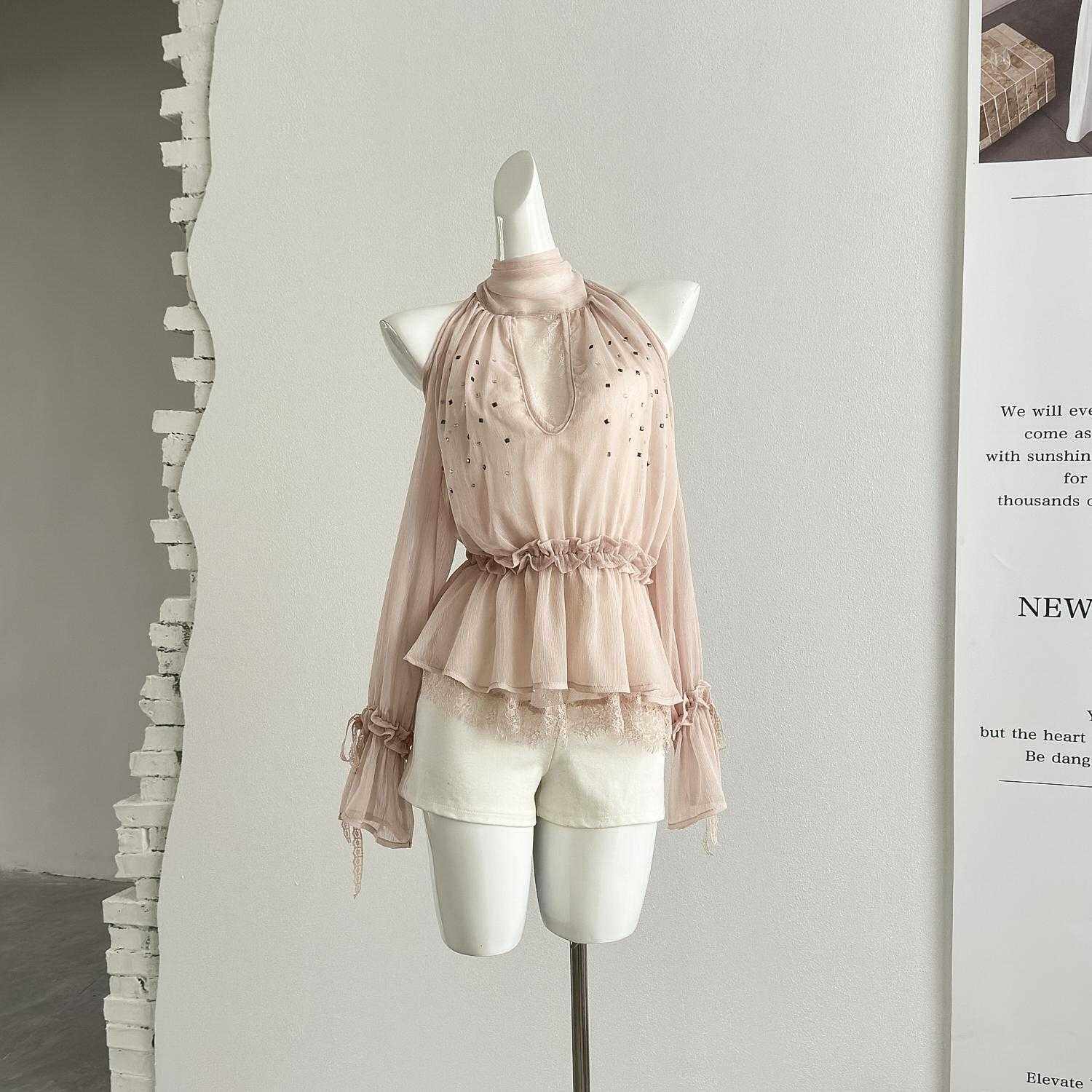 设计感水钻装饰飘逸网纱长袖雪纺衫女装春宽松飘带上衣