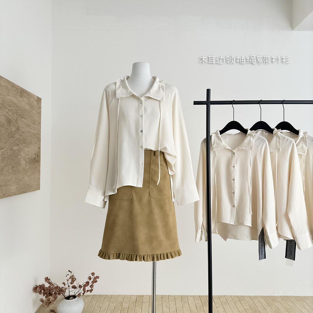 木耳边领抽绳系带衬衫女士2025