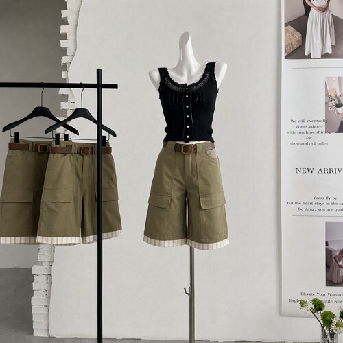 Wuuus jojo私服 自带腰带 雅痞条纹拼接中裤女低腰miu系休闲裤子