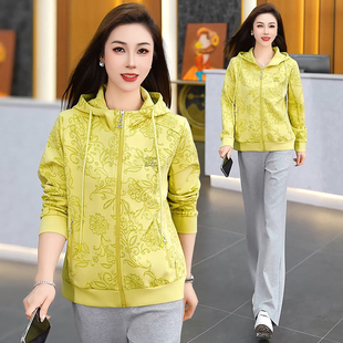 休闲连帽开衫卫衣女2026春季印花拉链外套中年妈妈宽松上衣