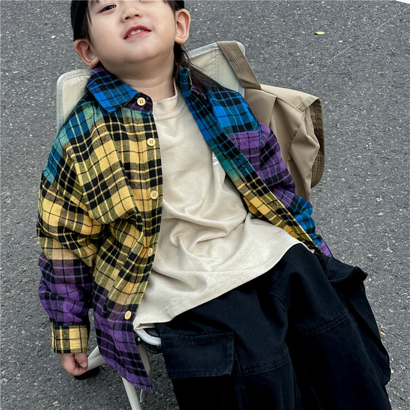 儿童彩虹格长袖衬衫2023新款秋装男童格子衬衣潮款中小童宝宝上衣