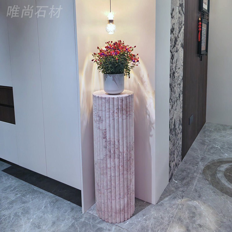 ins风粉色天然大理石花瓣拉槽圆柱客厅玄关酒店桌脚底座装饰摆件