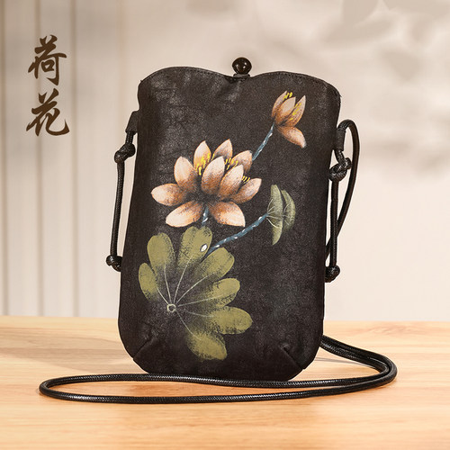 手机包【手绘-荷花】桑蚕丝香云纱加大款大号斜挎真丝高档单肩包