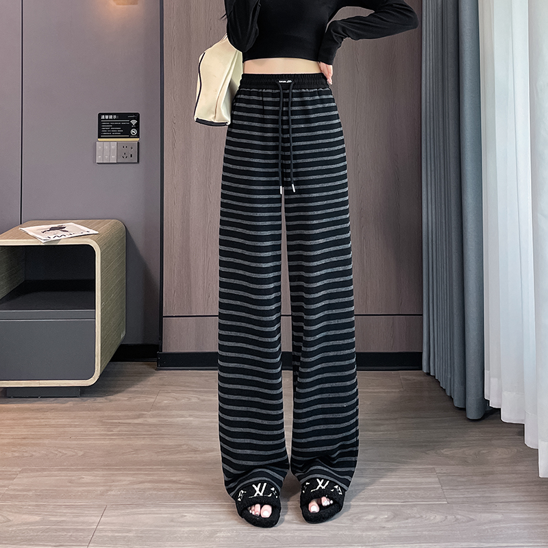 加绒加厚条纹阔腿裤女春秋新款