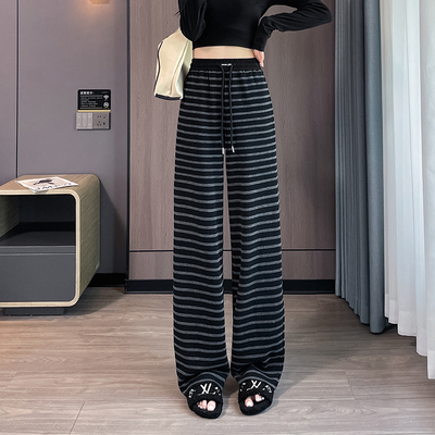 加绒加厚条纹阔腿裤女春秋新款