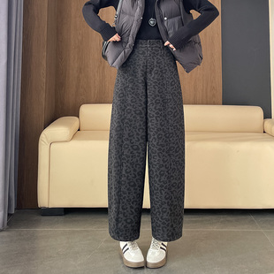 加厚绒高腰显瘦直筒宽松九分休闲弯刀裤 豹纹阔腿裤 女秋冬2025新款
