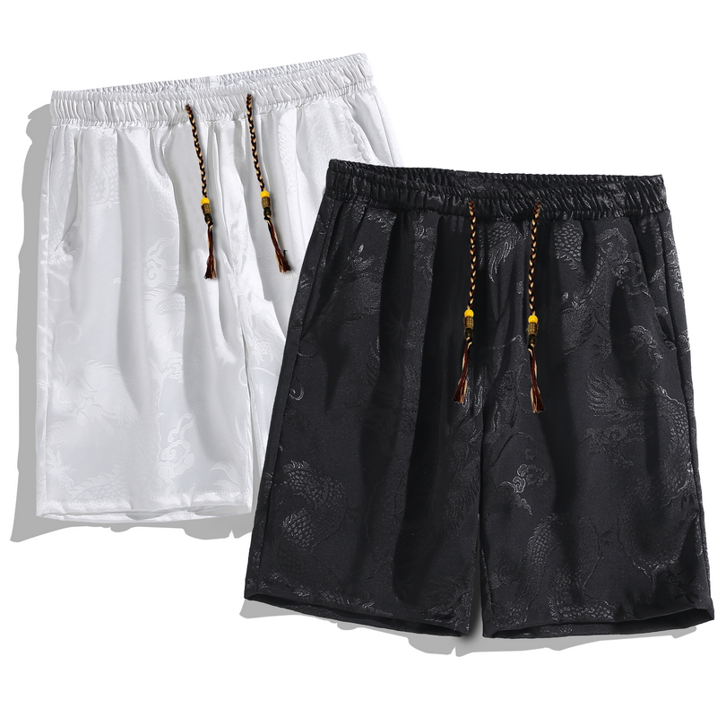 中国风龙纹冰丝短裤男夏季潮牌宽松休闲大码国潮新中式国风五分裤
