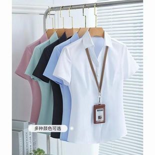V领白色衬衫女士短袖夏季新款职业正装银行蓝黑工作服收腰白衬衣