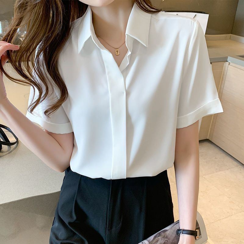 2025新款衬衣女夏韩版方领工作服气质职业短袖雪纺白衬衫上衣寸衣