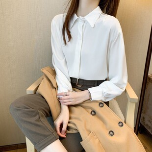 白色雪纺衬衫2024新款韩版修身长袖百搭上衣职业工作女士服打底衫