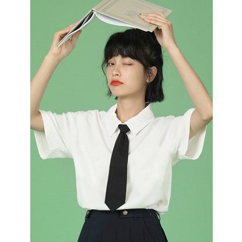 2024夏季新款白色配黑色领带短袖衬衫女学院风jk制服上衣白衬衣潮