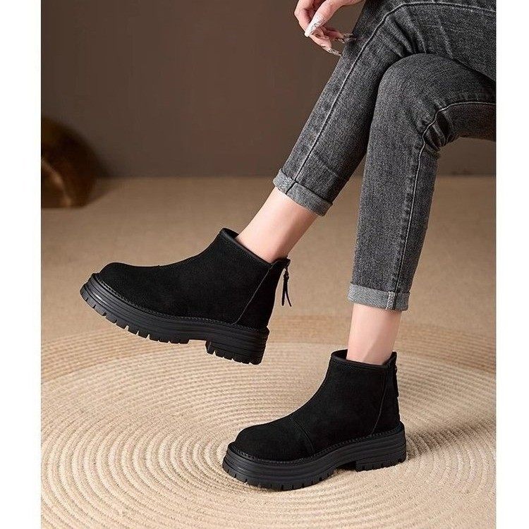 软皮马丁靴女2025新款爆款鞋子女款秋冬加绒黑色显脚小英伦风短靴