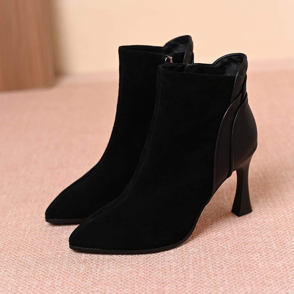 软反绒高跟鞋女细跟2025秋冬季新款尖头加绒短筒小跟气质短靴低跟