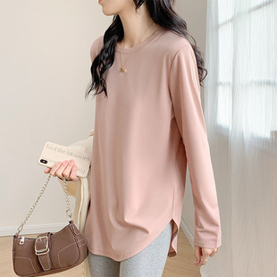新款 弧形长袖 皮粉色中长款 女内搭时尚 t恤上衣 宽松打底衫 2025春季