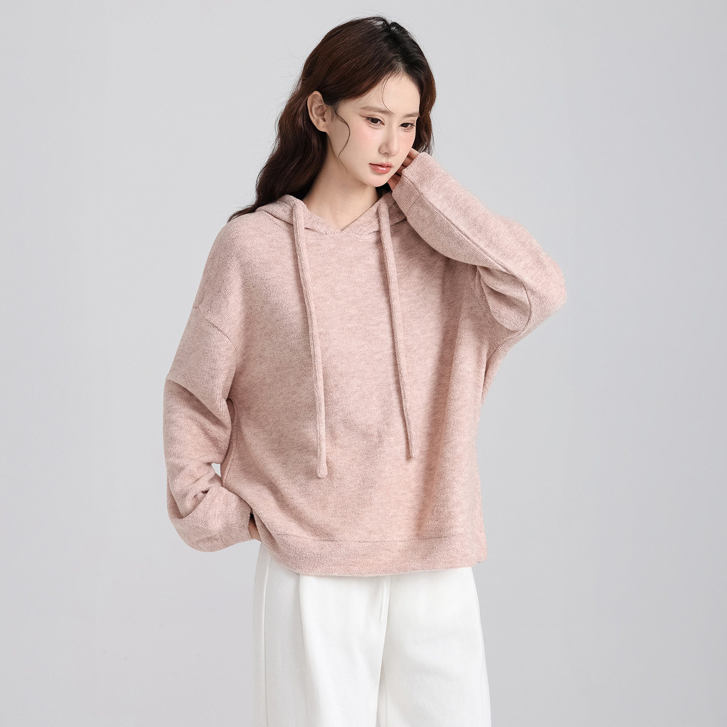 粉色温柔软糯连帽抽绳长袖卫衣女2025秋冬季新款宽松显瘦毛衣上衣
