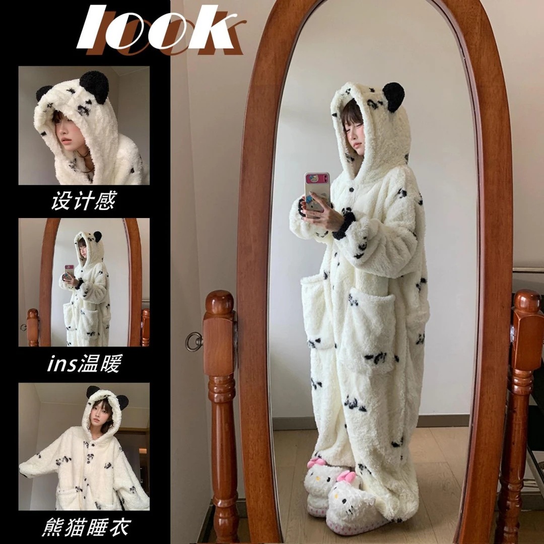 可爱卡通珊瑚绒熊猫连体睡衣女冬季加绒加厚2025新款家居服可外