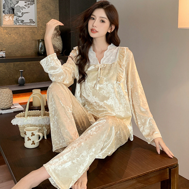 韩版公主风V领金砖绒睡衣女秋冬季甜美花边家居服套装可外穿批发