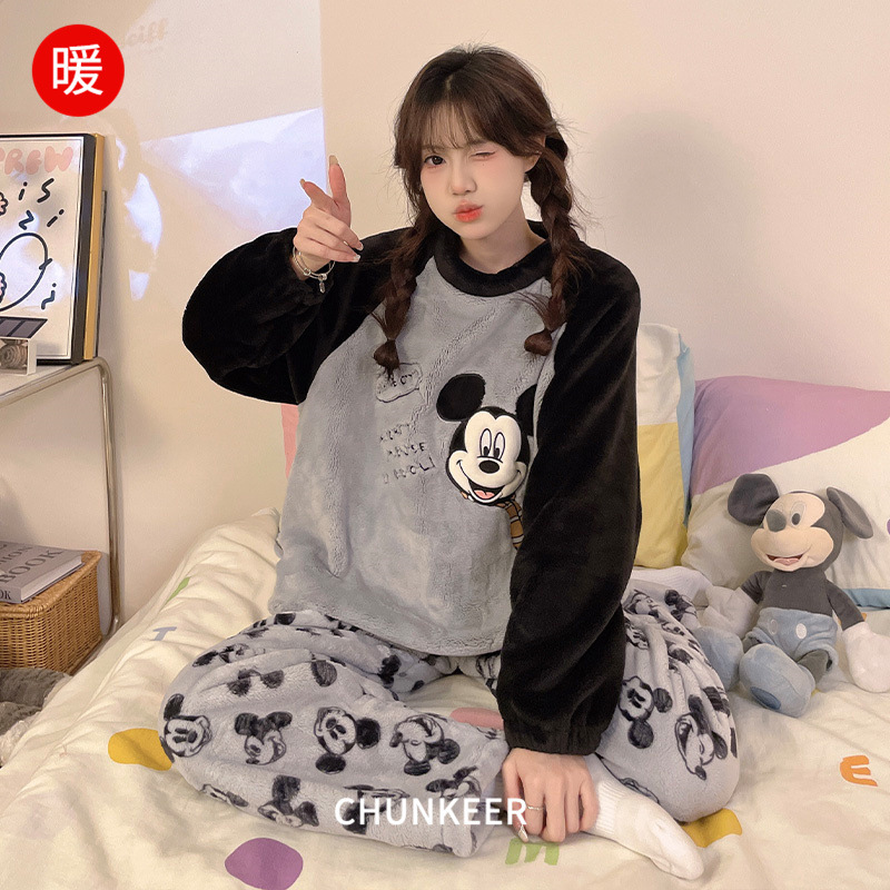 法兰绒睡衣女秋冬季加厚可外穿卡通新款可爱甜美珊瑚绒家居服