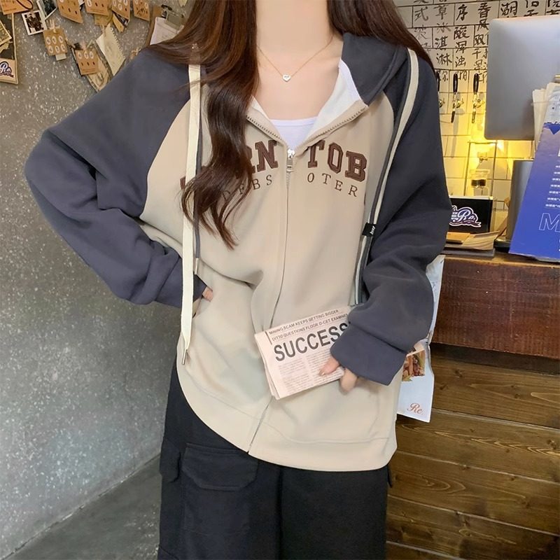 美式撞色口袋连帽卫衣女春秋宽松vintage插肩袖拉链开衫外套上衣