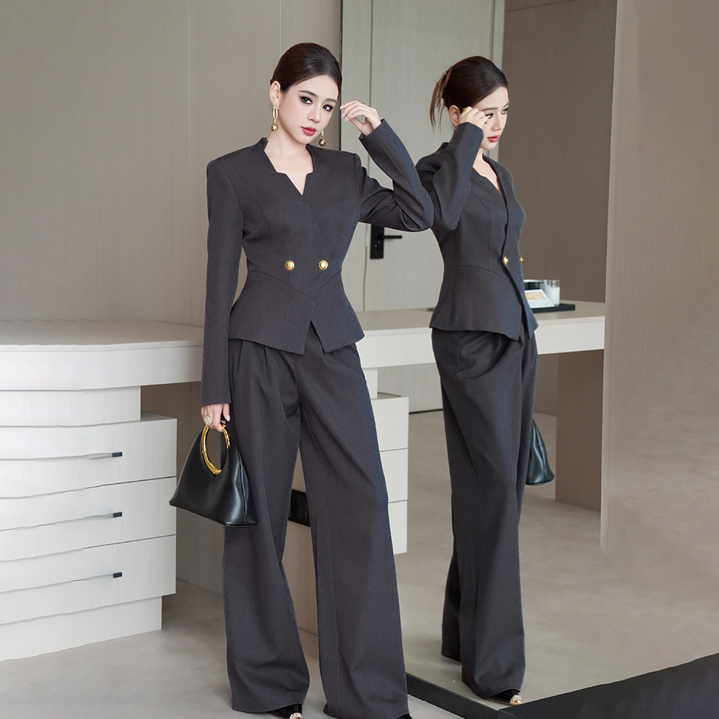 2025新款秋季女士高腰宽松垂感休闲直筒西装长裤小个子显高拖地裤