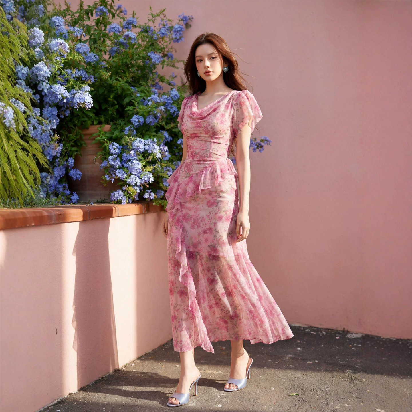 粉色碎花泡泡袖收腰长裙