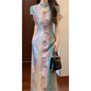 2026新款初夏减龄国风印花连衣裙修身旗袍长裙复古潮流女装修身型