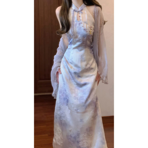 2026新款中式印花水滴领改良旗袍连衣裙小开衫显白时尚挂脖上衣女