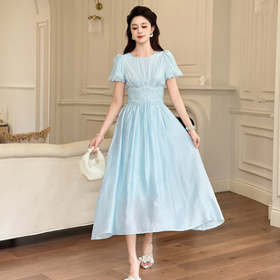 女装 2026新款 显瘦连衣裙收腰泡泡袖 长裙新款 潮 气质过膝钉珠裙夏装