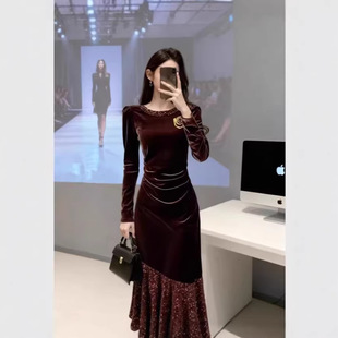 2026新款咖色丝绒法式气质连衣裙高端亮片拼接绝美掐腰显瘦女神裙
