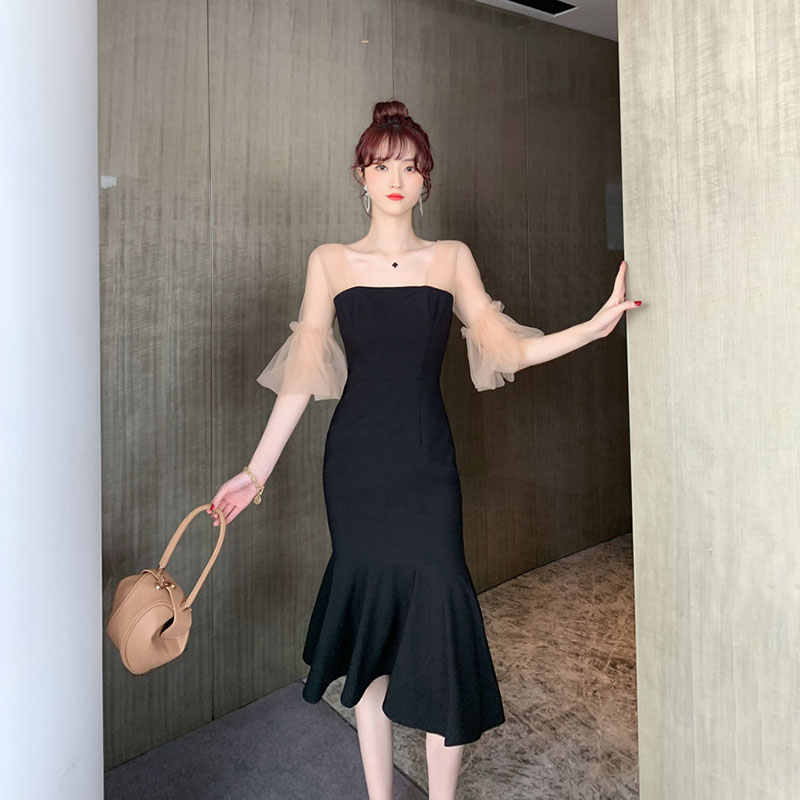 宴会气质鱼尾晚礼服女2025新款高级感修身包臀网纱拼接黑色连衣裙