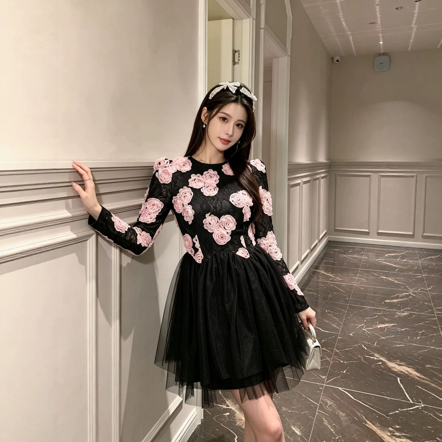 大摆长袖小黑裙甜美女生连衣裙