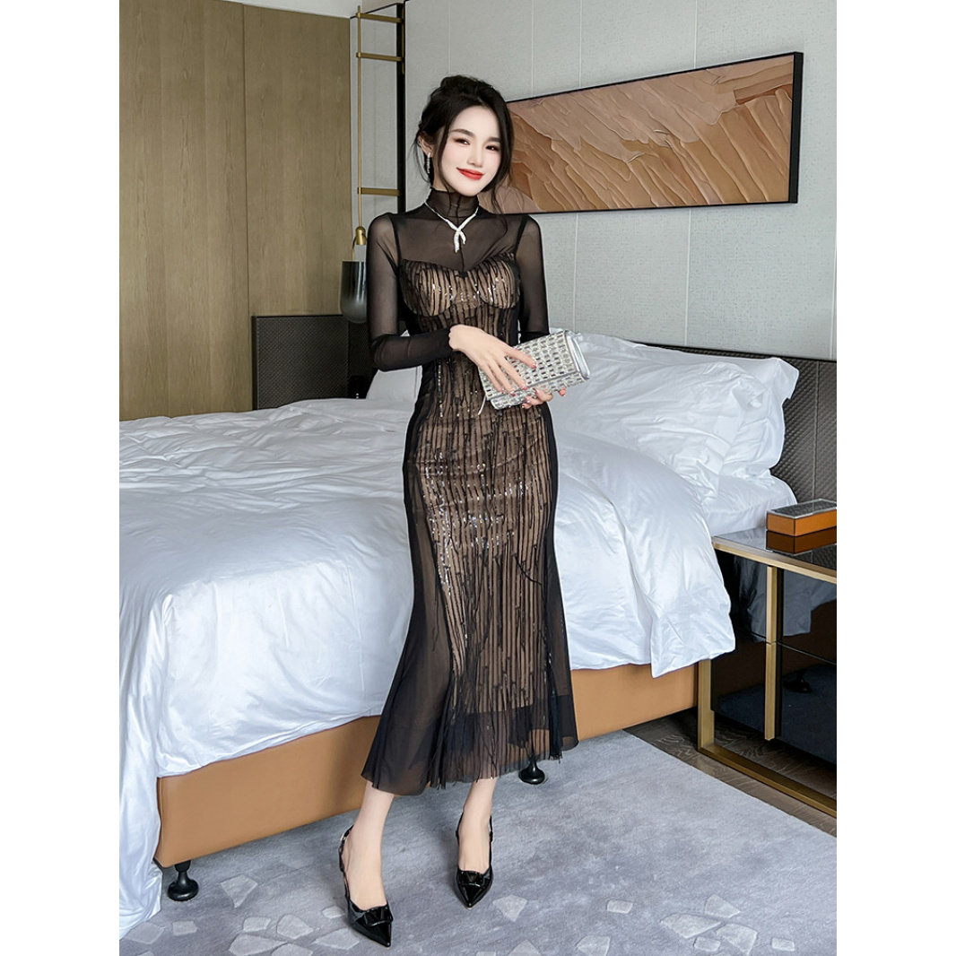 网纱流苏修身女拼接鱼尾连衣裙