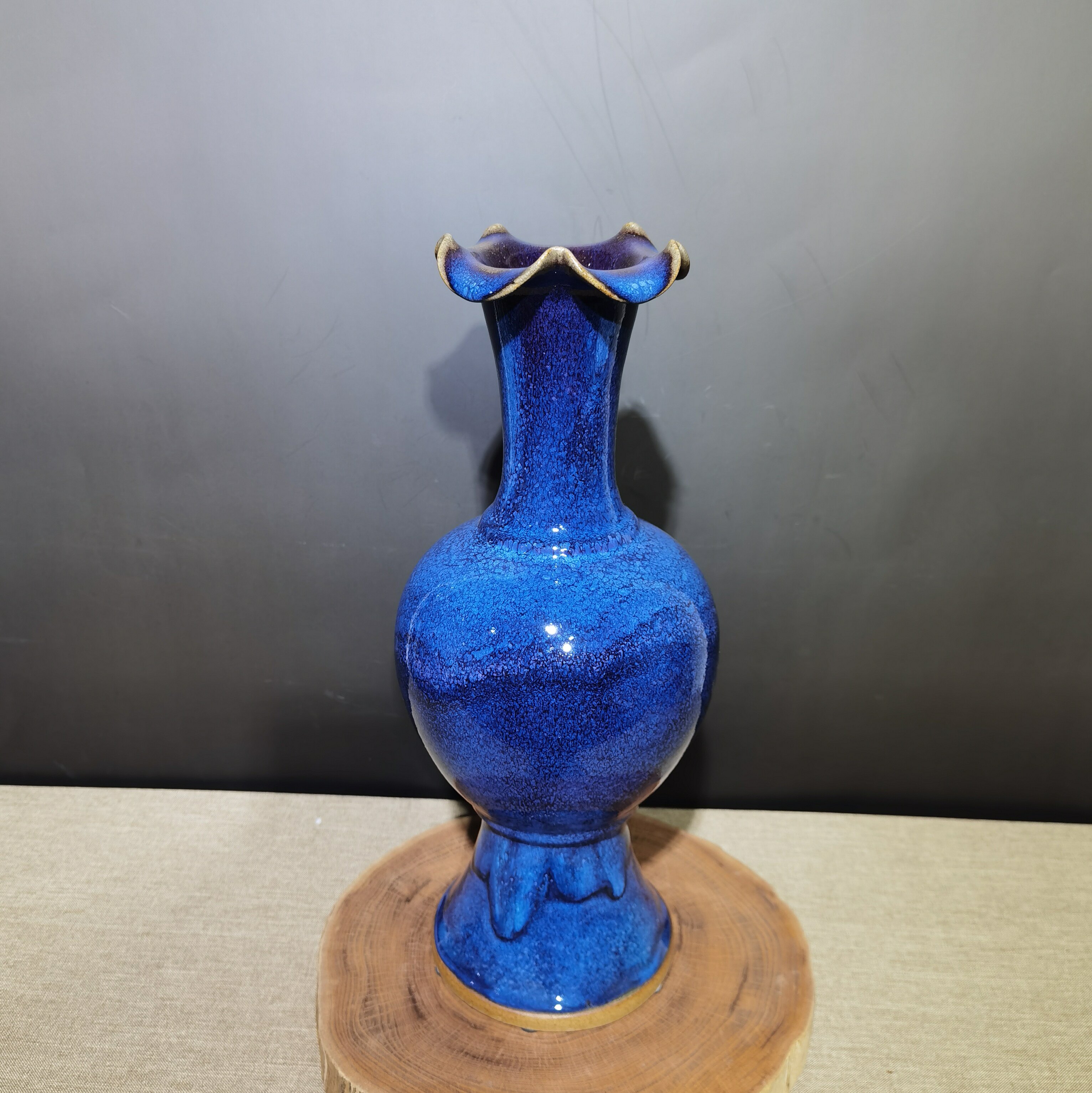 钧瓷窑变赏瓶雪花蓝釉花口瓶仿古陶瓷古玩古董煤烧花瓶摆件孤品