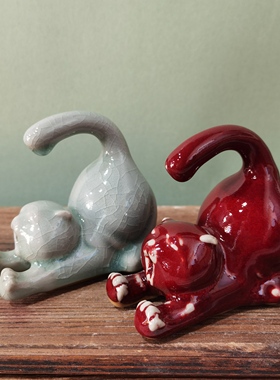 创意钧瓷猫咪茶宠可爱陶瓷趴趴猫茶台茶玩桌面装饰摆件开片纹萌猫