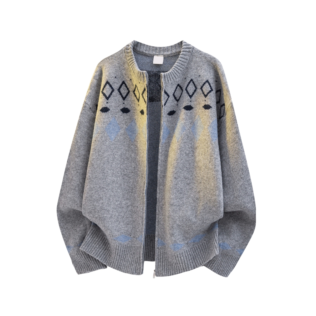 冬季新品古着费尔岛氛围感针织衫男生灰色无领开衫毛衣保暖外套男